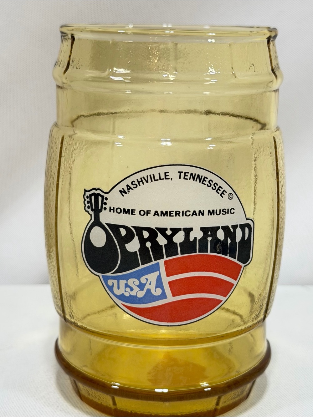 Vintage Opryland USA Nashville Theme Park Barrel Glass 5.25" Souvenir No Handle